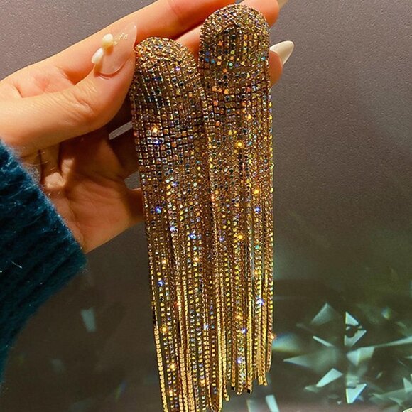 Gold Preppy Womens Rhinestone Tassel Drop Earrings - Picture 1 of 3